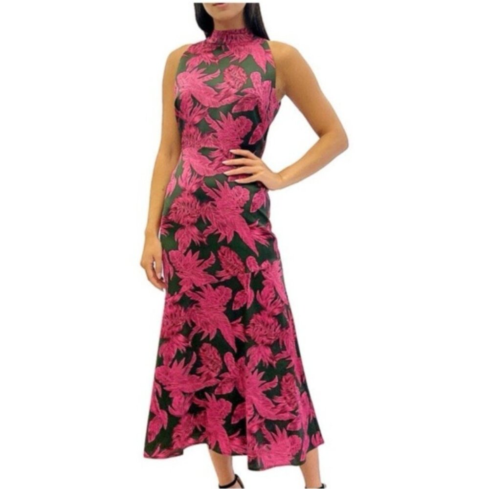 Sam Edleman Midi Dress 12 Pink Brown Floral Sleeveless Mock Tie Neck $160